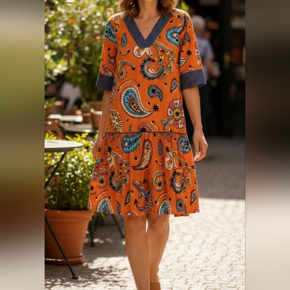 Gorman Multicolor Paisley Print Corduroy Dress – V-Neck Boho Tunic Size S
